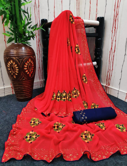 Red Georgette Embroidery Work  With Banglory Silk Blouse Beutiful Simple look Saree for Womens