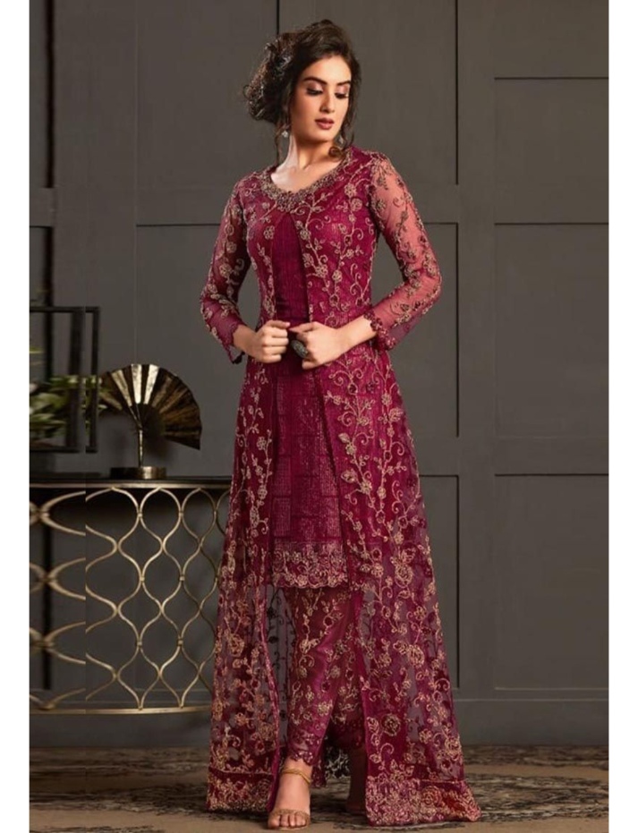 Wine Designer Salwar Kameez Pant Suits Indian Pakistani Wear Shalwar Trouser Pant with Long Shrug Dress