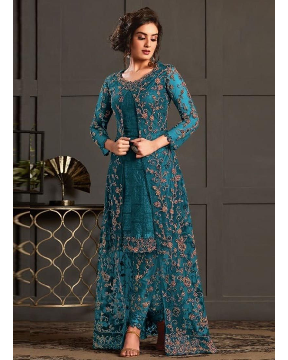 Blue Designer Salwar Kameez Pant Suits Indian Pakistani Wear Shalwar Trouser Pant with Long Shrug Dress