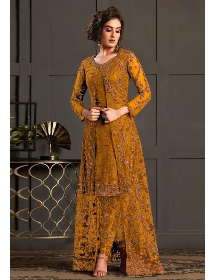 Yellow Designer Salwar Kameez Pant Suits Indian Pakistani Wear Shalwar Trouser Pant with Long Shrug Dress