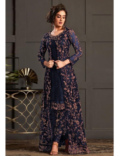 Blue Designer Salwar Kameez Pant Suits Indian Pakistani Wear Shalwar Trouser Pant with Long Shrug Dress