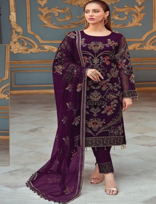 Wine Faux Georgette Heavy Embrodery Work Designer Pakistani Suit For Womans
