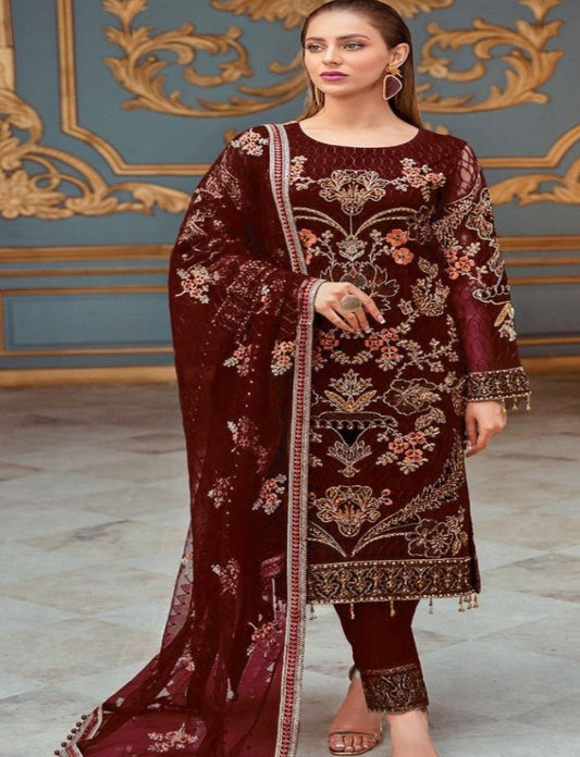 Maroon Faux Georgette Heavy Embrodery Work Designer Pakistani Suit For Womans