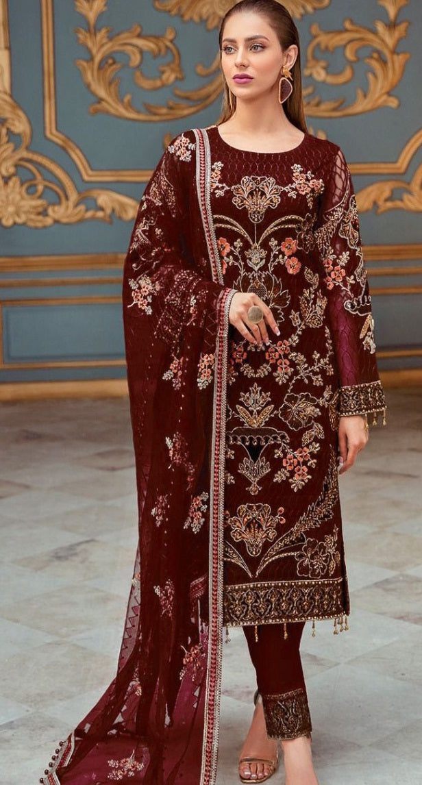 Wine Faux Georgette Heavy Embrodery Work Designer Pakistani Suit For Womans