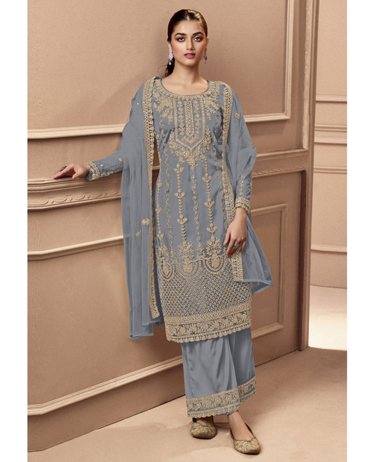 Heavy Grey Fux Georgette With Sequence Embroidery Work And Stone Work Semi Stitched Material Dress