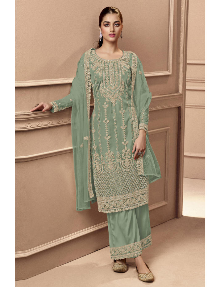 Heavy Green Fux Georgette With Sequence Embroidery Work And Stone Work Semi Stitched Material Dress