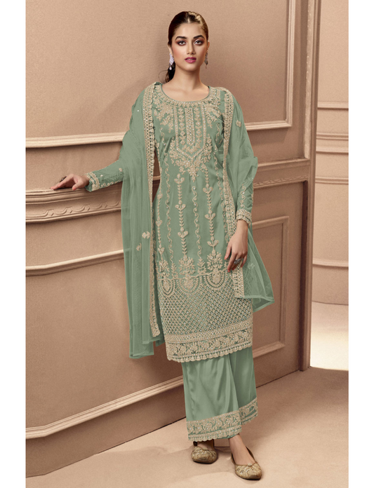 Heavy Green Fux Georgette With Sequence Embroidery Work And Stone Work Semi Stitched Material Dress