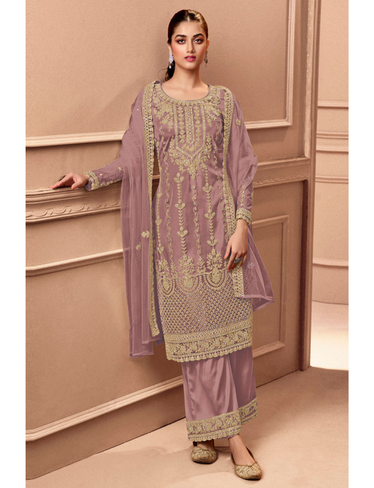 Heavy Pink Fux Georgette With Sequence Embroidery Work And Stone Work Semi Stitched Material Dress