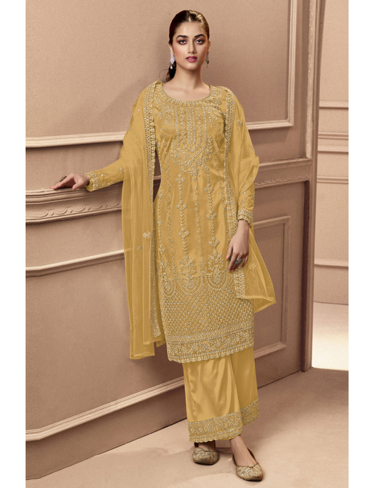 Heavy Yellow Fux Georgette With Sequence Embroidery Work And Stone Work Semi Stitched Material Dress