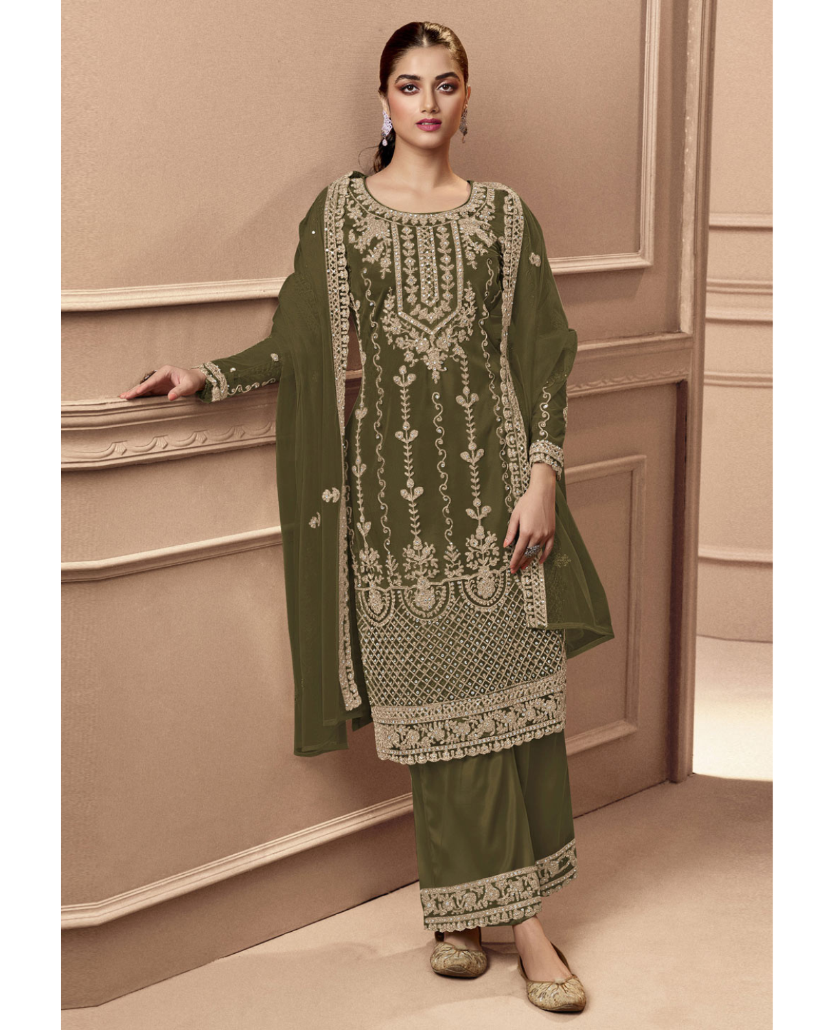 Heavy Green Fux Georgette With Sequence Embroidery Work And Stone Work Semi Stitched Material Dress