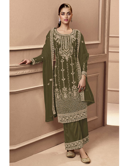 Heavy Mehendi Fux Georgette With Sequence Embroidery Work And Stone Work Semi Stitched Material Dress