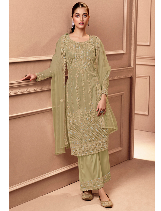 Heavy Cream Fux Georgette With Sequence Embroidery Work And Stone Work Semi Stitched Material Dress