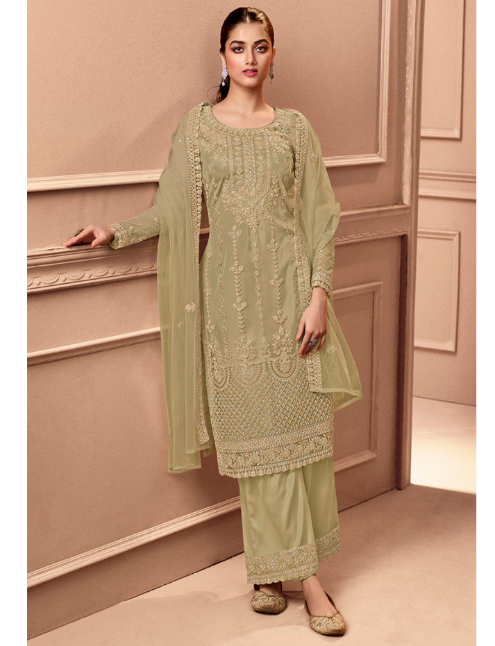 Heavy Green Fux Georgette With Sequence Embroidery Work And Stone Work Semi Stitched Material Dress