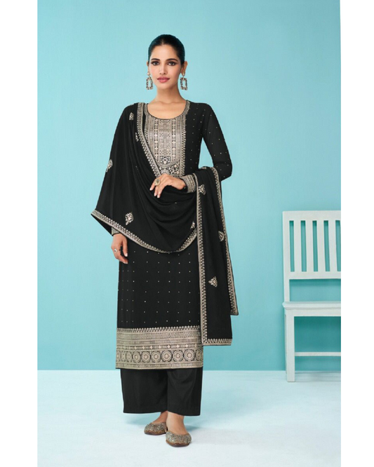 Heavy Black Fux Georgette With Sequence Embroidery Work And Stone Work Semi Stitched Material Dress