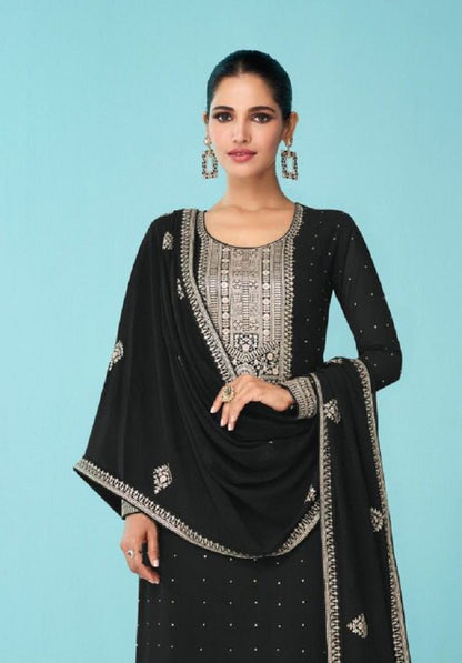 Heavy Black Fux Georgette With Sequence Embroidery Work And Stone Work Semi Stitched Material Dress