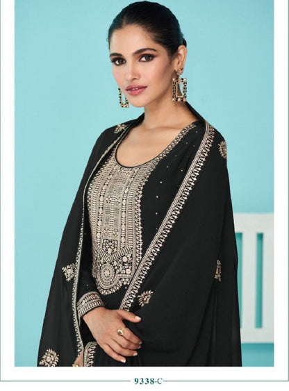 Heavy Blue Fux Georgette With Sequence Embroidery Work And Stone Work Semi Stitched Material Dress