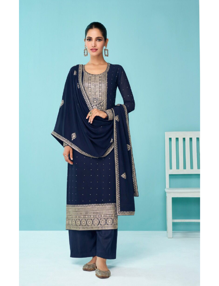 Heavy Rama Fux Georgette With Sequence Embroidery Work And Stone Work Semi Stitched Material Dress