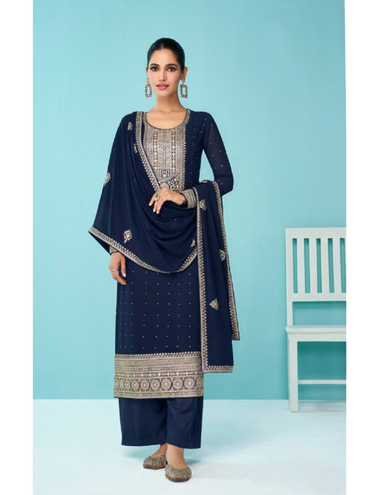Heavy Blue Fux Georgette With Sequence Embroidery Work And Stone Work Semi Stitched Material Dress