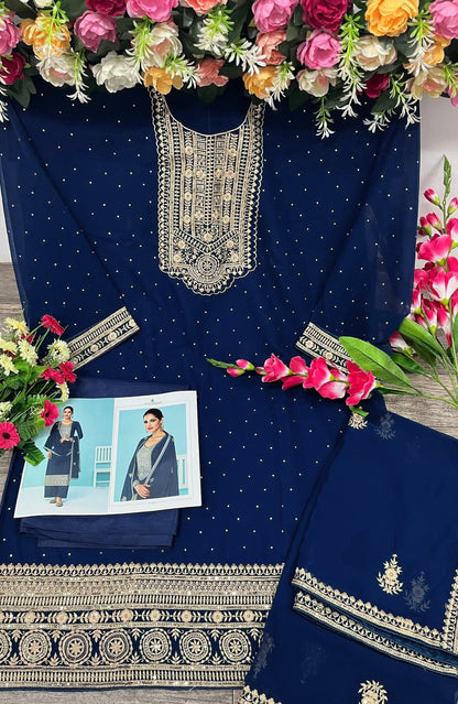 Heavy Blue Fux Georgette With Sequence Embroidery Work And Stone Work Semi Stitched Material Dress