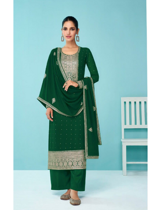 Heavy Green Fux Georgette With Sequence Embroidery Work And Stone Work Semi Stitched Material Dress