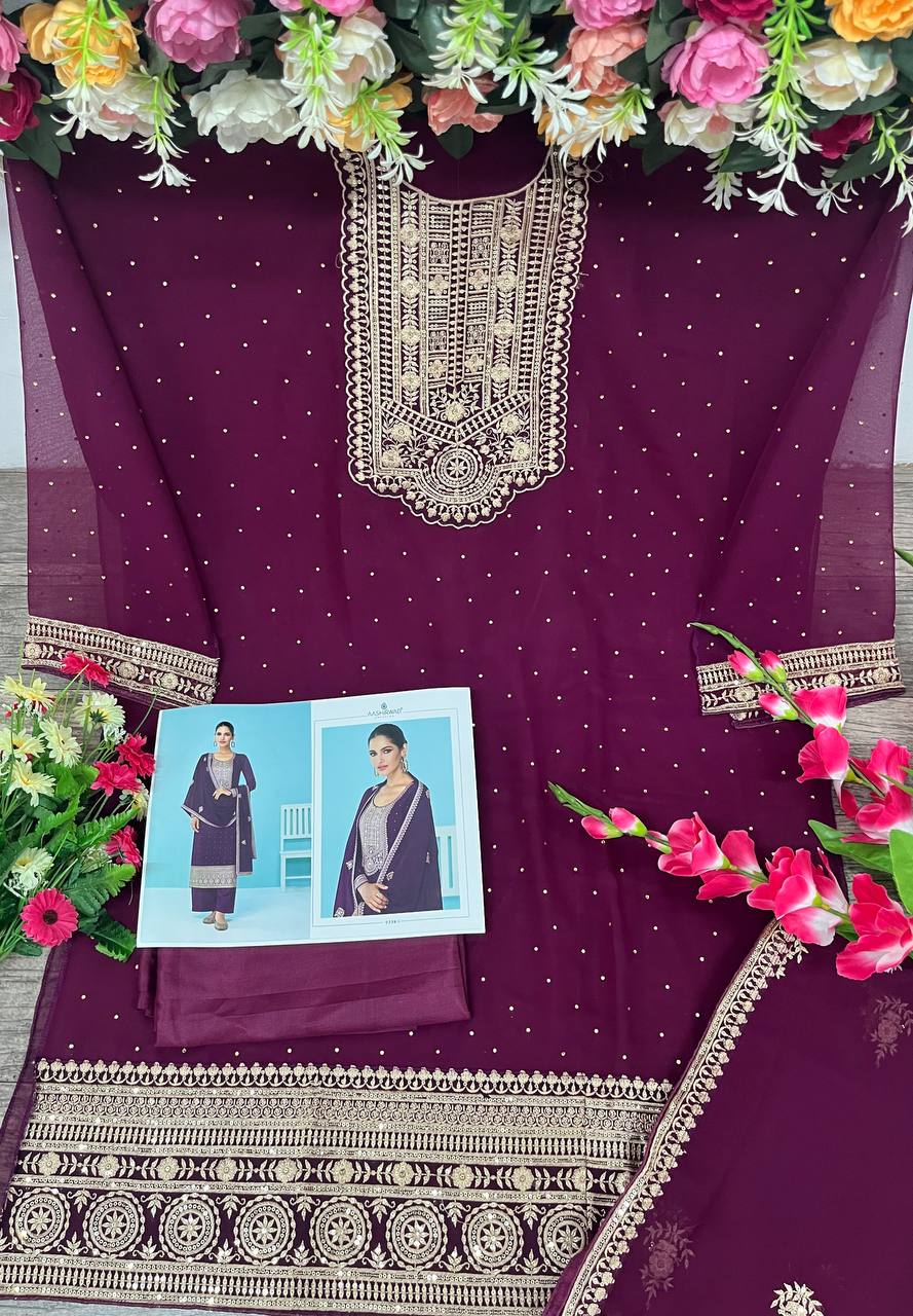 Heavy Maroon Fux Georgette With Sequence Embroidery Work And Stone Work Semi Stitched Material Dress