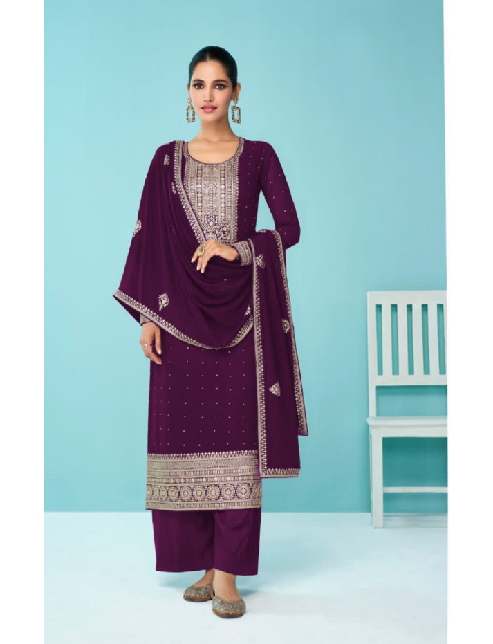 Heavy Maroon Fux Georgette With Sequence Embroidery Work And Stone Work Semi Stitched Material Dress