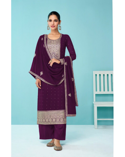 Heavy Blue Fux Georgette With Sequence Embroidery Work And Stone Work Semi Stitched Material Dress