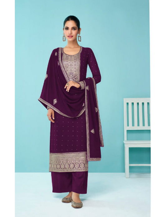 Heavy Wine Fux Georgette With Sequence Embroidery Work And Stone Work Semi Stitched Material Dress