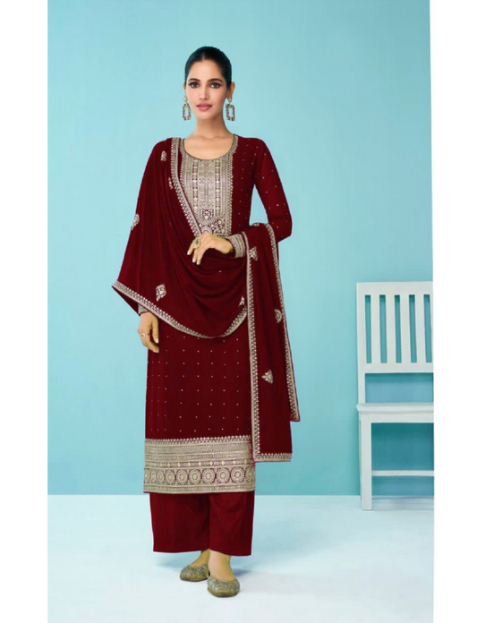 Heavy Maroon Fux Georgette With Sequence Embroidery Work And Stone Work Semi Stitched Material Dress