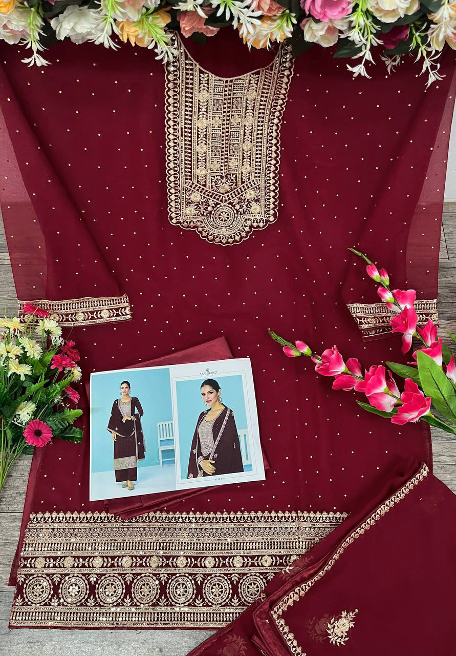 Heavy Maroon Fux Georgette With Sequence Embroidery Work And Stone Work Semi Stitched Material Dress