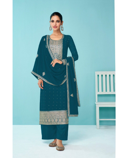 Heavy Blue Fux Georgette With Sequence Embroidery Work And Stone Work Semi Stitched Material Dress