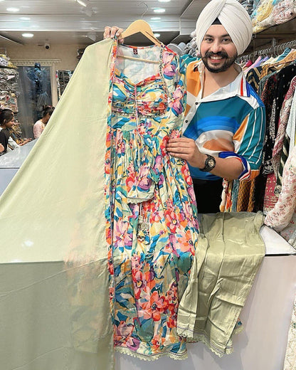 Beautiful Gorgette Maltiprint and petterned Anarkali Suit pant with Nazneen Dupatta, Party Wear Suit Set