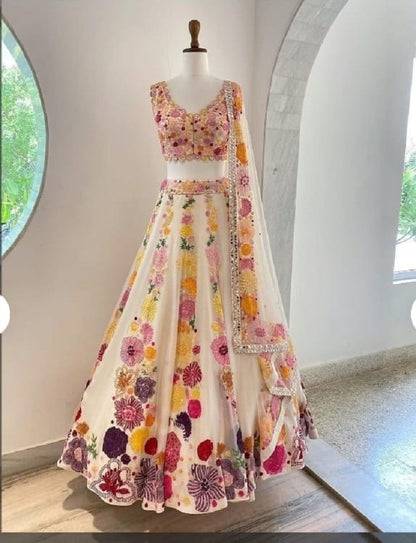 White Multi Floral Lehenga Choli Indian Wedding Function Party Wear Trenging Ready to Wear Lehenga Choli