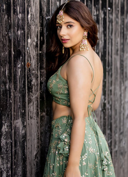 MEHENDI EMBROIDERED SEMI STITCHED ZARI WORK AND THREAD WORK WEDDING WEAR LEHENGA CHOLI