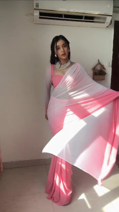 PINK&WHITE DESIGNER GEORGETTE DIGITAL PRINTED READY TO WEAR SAREE WITH UNSTICTHED BLOUSE