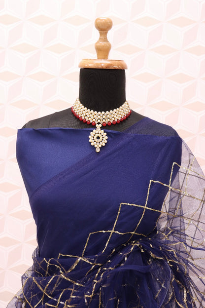BLUE COLOR NET FABRIC SEQUENCE WORK RUFFLE DESIGN SARI WITH UNSTITCH BENGLORI SILK BLOUSE