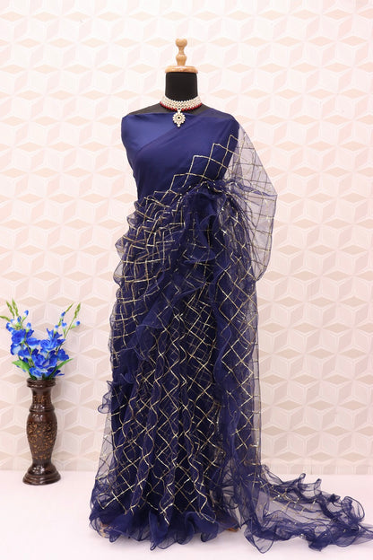 BLUE COLOR NET FABRIC SEQUENCE WORK RUFFLE DESIGN SARI WITH UNSTITCH BENGLORI SILK BLOUSE