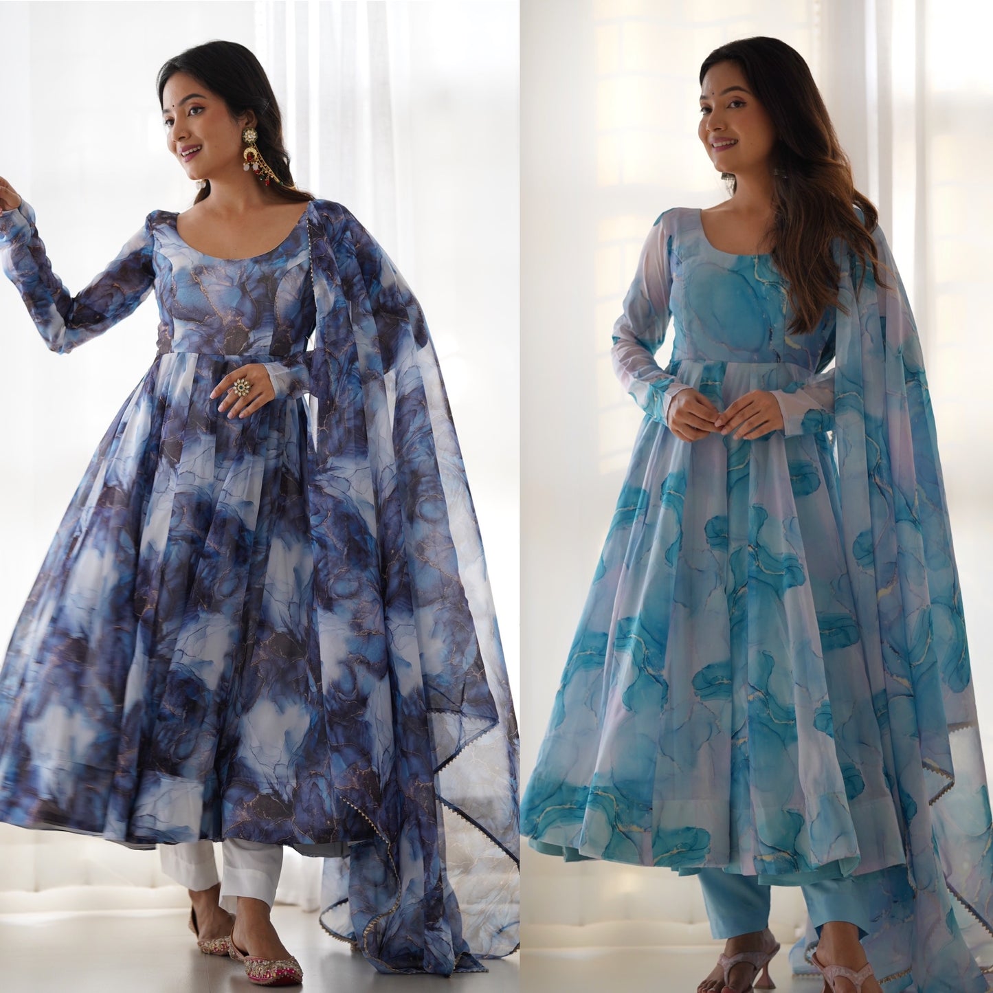 PURE SOFT ORGANJA SILK MARBLE PRINT FABRIC FULLY FLAIR KALI PATTERN AND CANVAS PATTA WITH DUPPTA SET,PENT READY TO WEAR