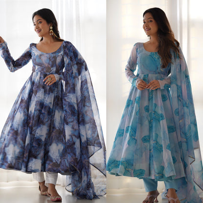 PURE SOFT ORGANJA SILK MARBLE PRINT FABRIC FULLY FLAIR KALI PATTERN AND CANVAS PATTA WITH DUPPTA SET,PENT READY TO WEAR