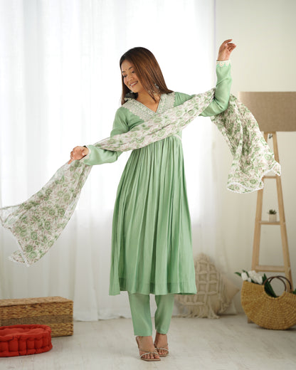 NEW PURE SOFT HEAVY ROMANSILK CHANDERI FABRIC NYRA CUT KURTA WITH DUPPTA SET,PENT READY TO WEAR