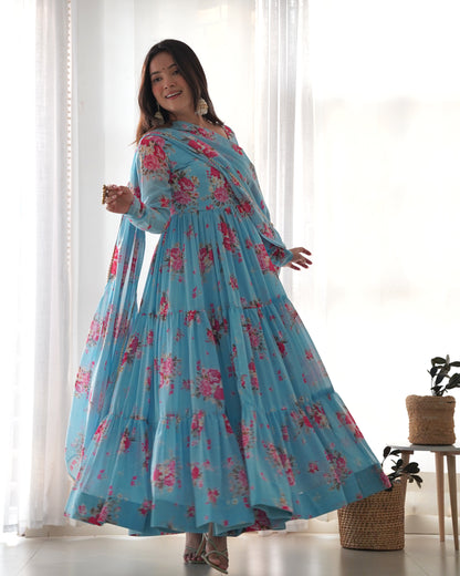 PURE SOFT FOX GEORGETTE FLORAL PRINT FABRIC FULLY FLAIR ANARKALI,WITH DUPPTA SET,PENT READY TO WEAR