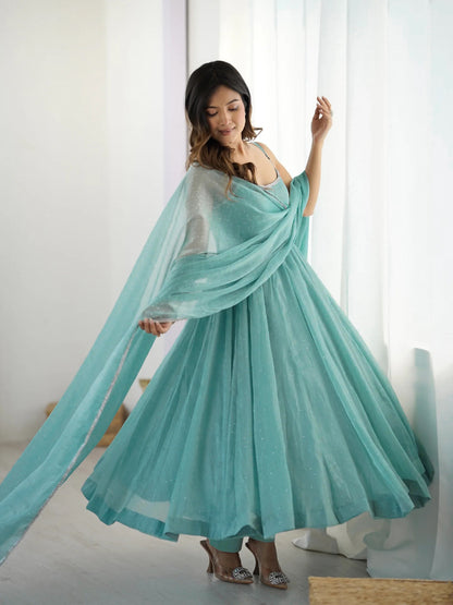 CRUNCHY SILK FABRIC WITH SIROSKI WORK,FULLY FLAIR KALI PATTERN AND CANVAS PATTA WITH DUPPTA SET,PENT READY TO WEAR