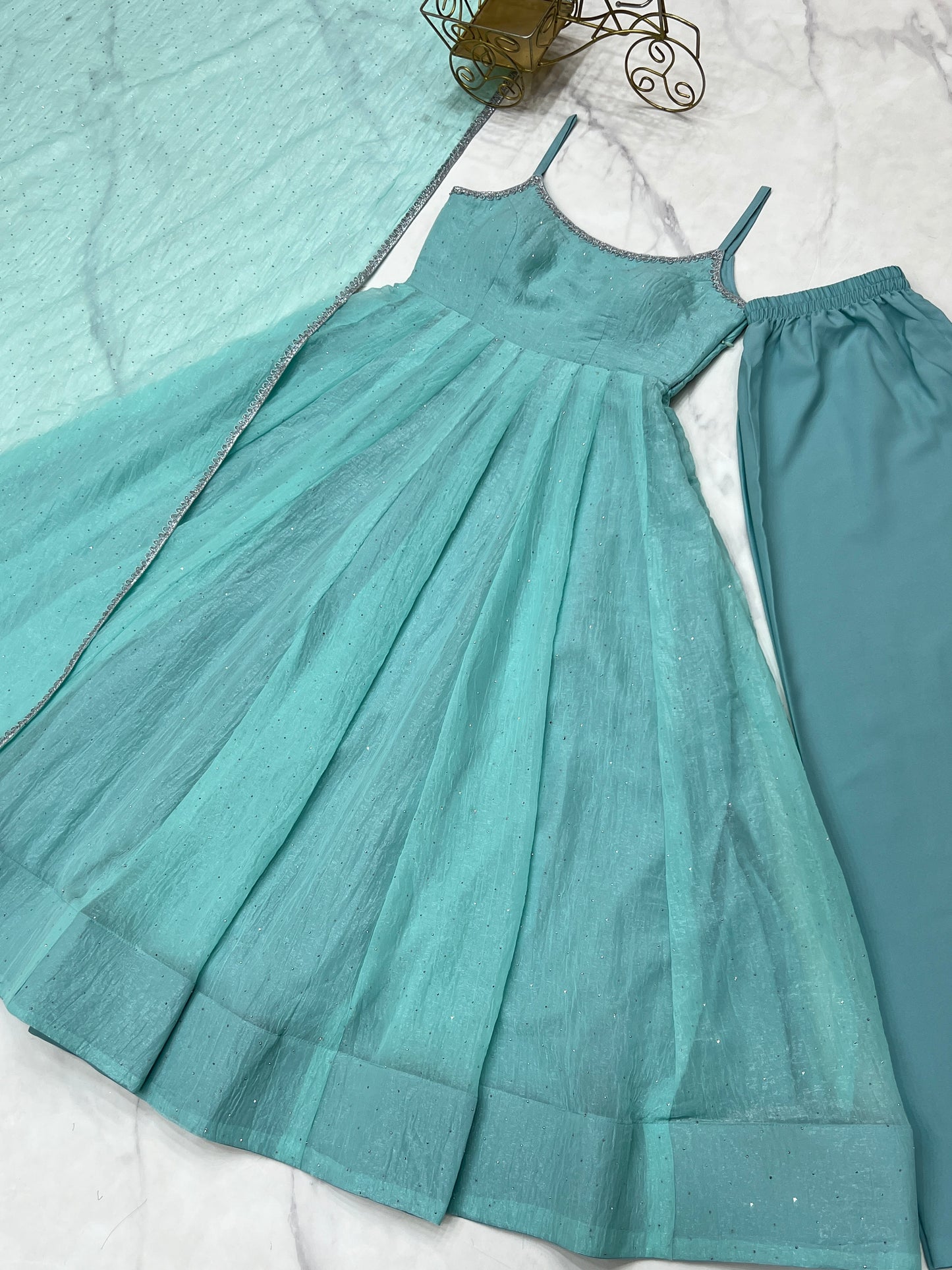 CRUNCHY SILK FABRIC WITH SIROSKI WORK,FULLY FLAIR KALI PATTERN AND CANVAS PATTA WITH DUPPTA SET,PENT READY TO WEAR