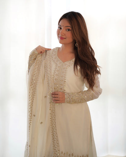 NEW BEAUTIFUL PURE CHINON SILK FABRIC STRAIGHT FIT KURTA WITH DUPPTA SET,TROUSERS,READY TO WEAR