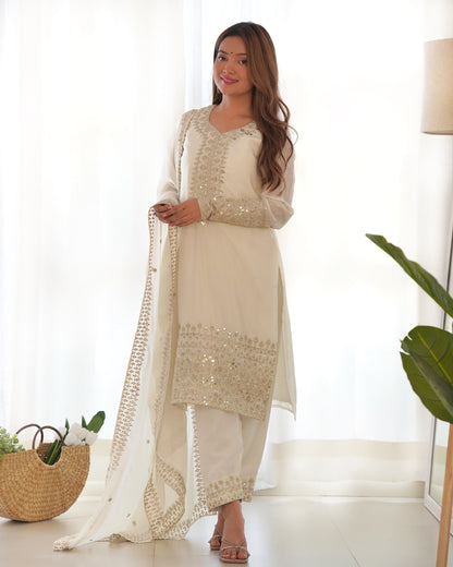 NEW BEAUTIFUL PURE CHINON SILK FABRIC STRAIGHT FIT KURTA WITH DUPPTA SET,TROUSERS,READY TO WEAR