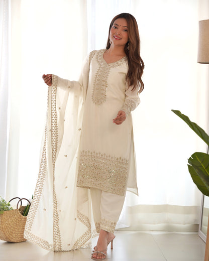 NEW BEAUTIFUL PURE CHINON SILK FABRIC STRAIGHT FIT KURTA WITH DUPPTA SET,TROUSERS,READY TO WEAR
