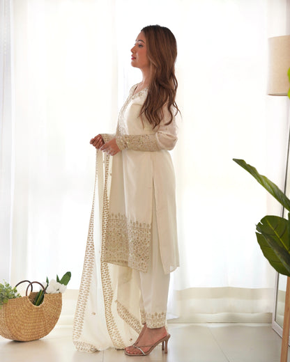 NEW BEAUTIFUL PURE CHINON SILK FABRIC STRAIGHT FIT KURTA WITH DUPPTA SET,TROUSERS,READY TO WEAR