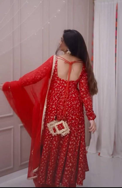Women's Anarkali Suit Set - Heavy Blooming Georgette with Embroidery & Sequins, Full Sleeve, 4m Flair with Canvas Patta, Micro Cotton Inner, Matching Pant & Dupatta