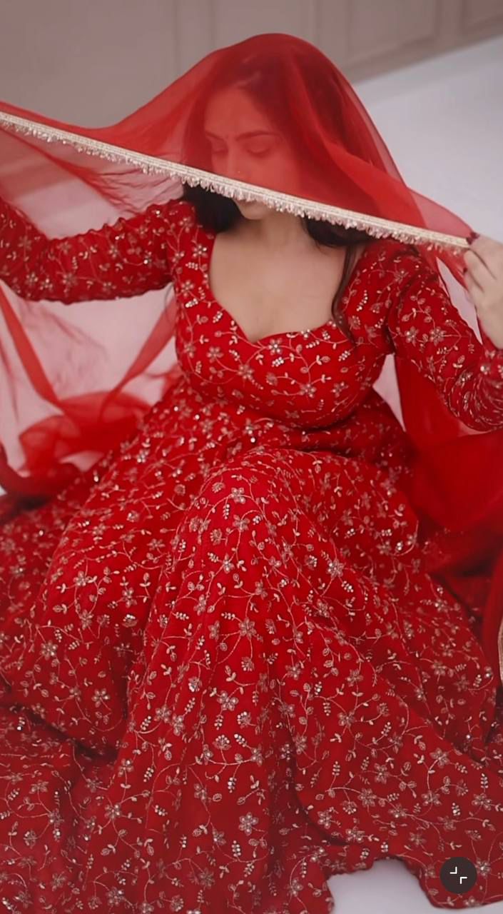 Women's Anarkali Suit Set - Heavy Blooming Georgette with Embroidery & Sequins, Full Sleeve, 4m Flair with Canvas Patta, Micro Cotton Inner, Matching Pant & Dupatta