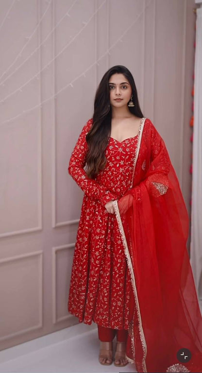 Women's Anarkali Suit Set - Heavy Blooming Georgette with Embroidery & Sequins, Full Sleeve, 4m Flair with Canvas Patta, Micro Cotton Inner, Matching Pant & Dupatta